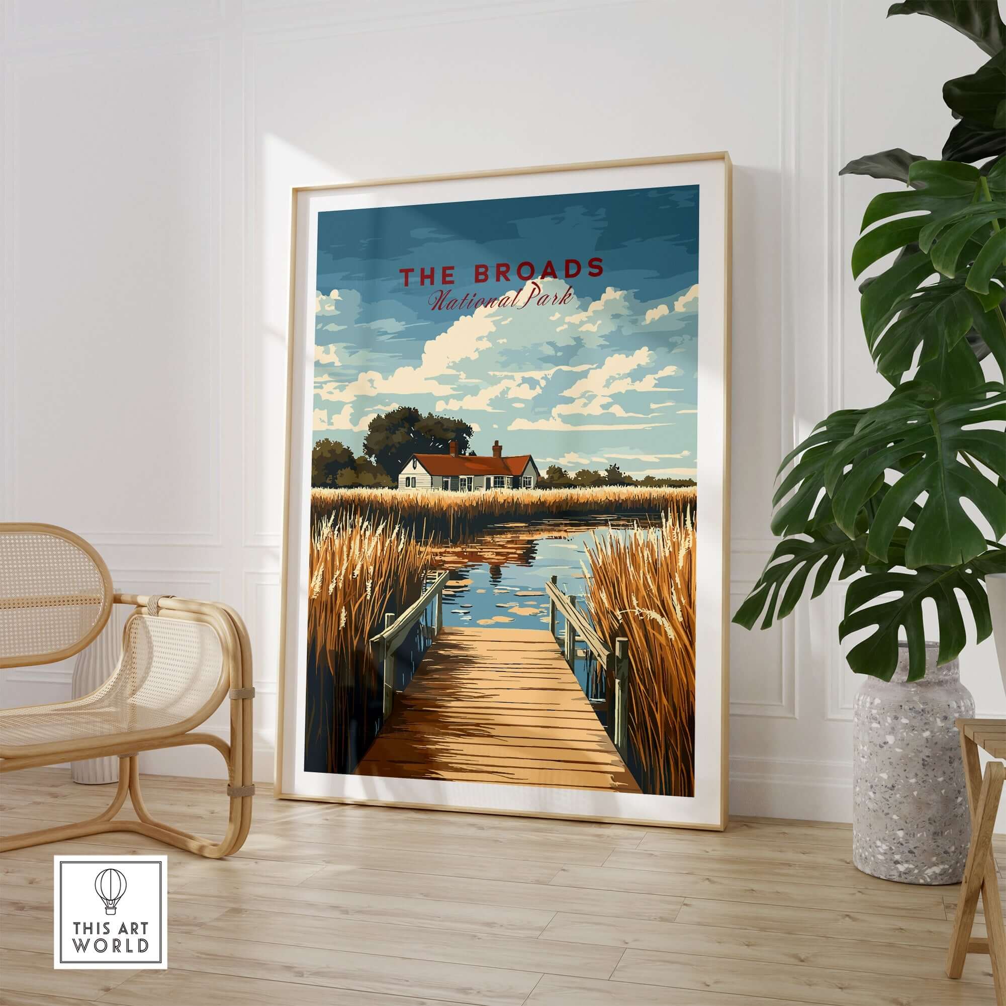 The Broads National Park Travel Print showcasing stunning landscapes and wildlife in a stylish interior setting.