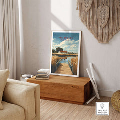 The Broads National Park Travel Print showcasing stunning landscapes and wildlife in a cozy decor setting.