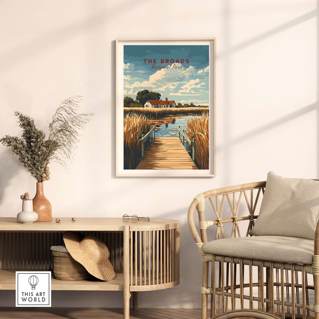 The Broads National Park travel print displayed in a cozy room setting, highlighting scenic landscapes and nature.