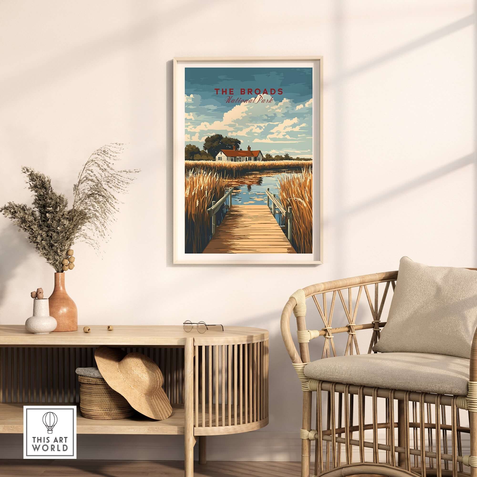 The Broads National Park Travel Print displayed in a stylish living room setting.