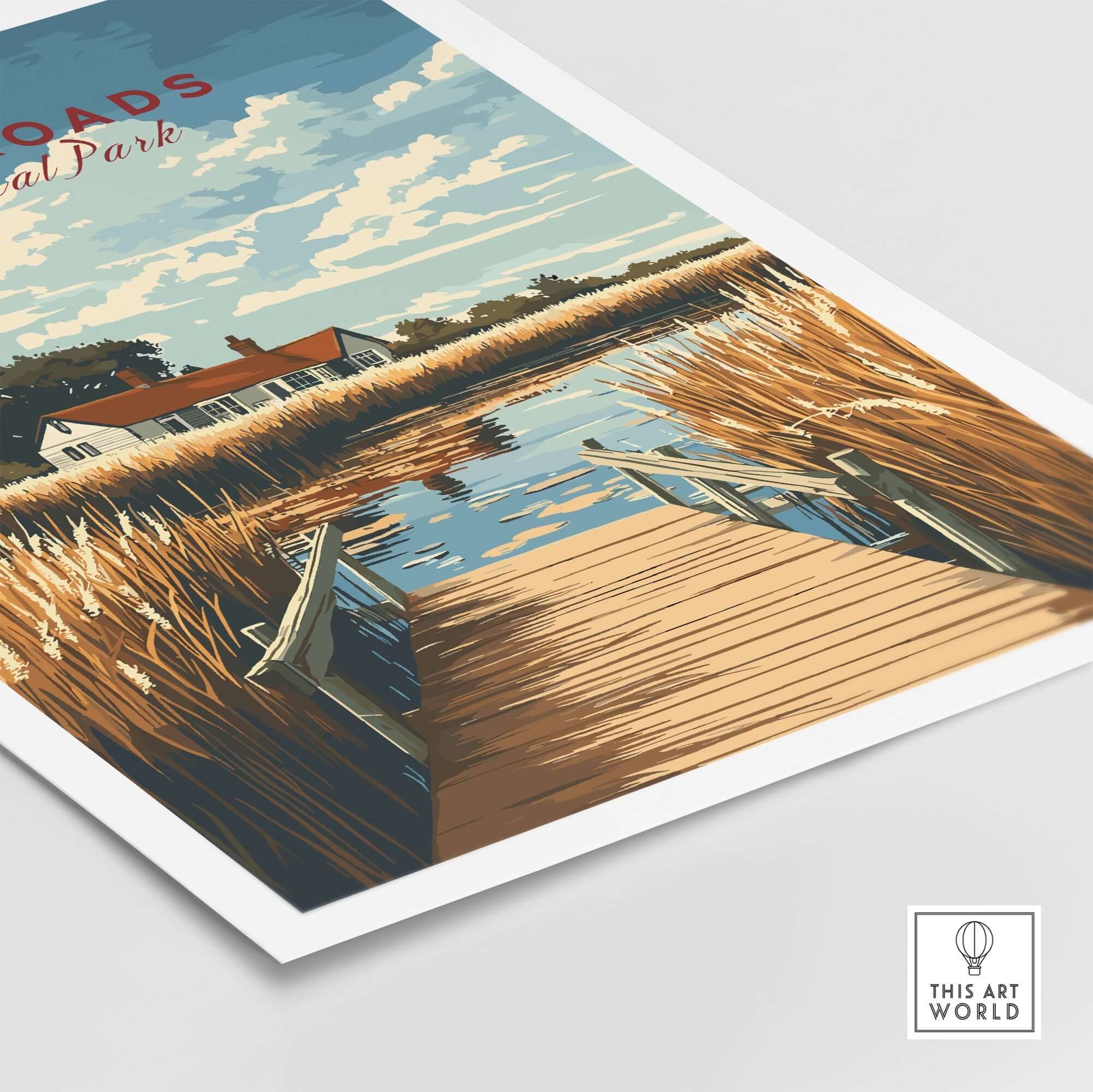 The Broads National Park Travel Print featuring a serene landscape with a boardwalk and marshy waters.
