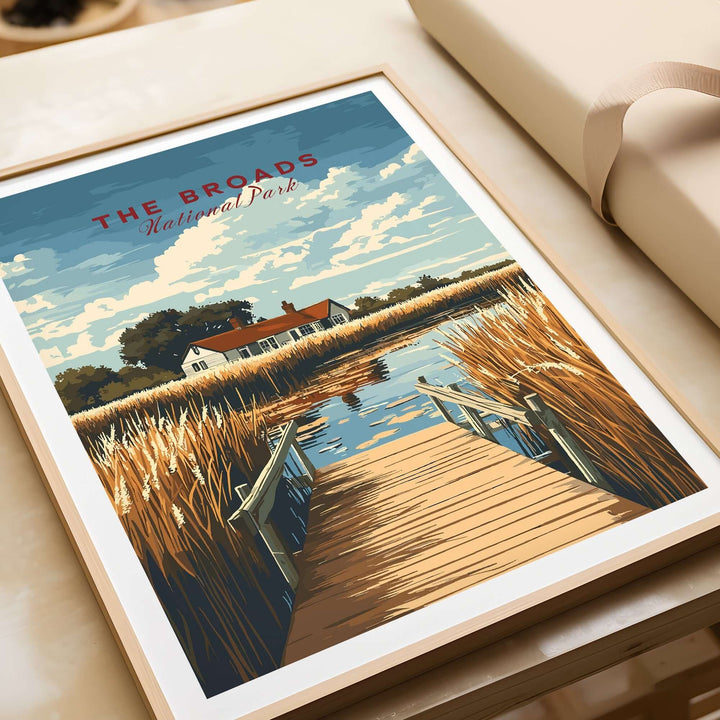 Vintage travel print of The Broads National Park featuring a wooden path and serene water landscape. Perfect for nature lovers.