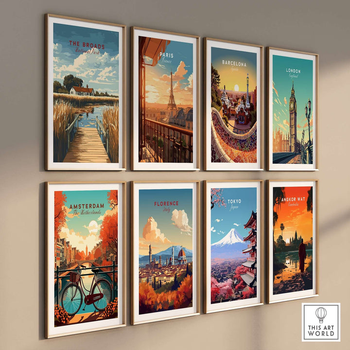 Travel print collection featuring The Broads, Paris, Barcelona, London, Amsterdam, Florence, Tokyo, and Angkor Wat.