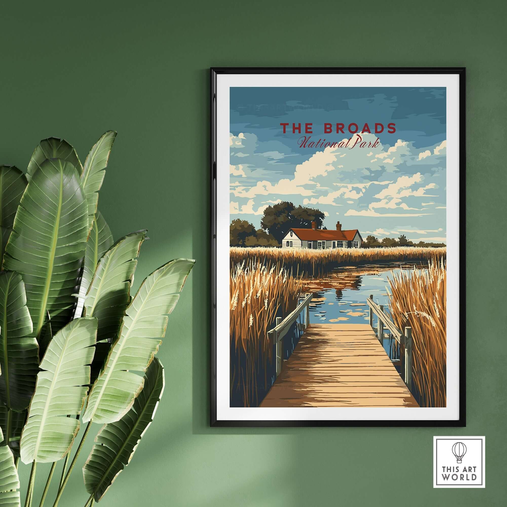The Broads National Park Travel Print featuring a serene landscape with a waterway and greenery.