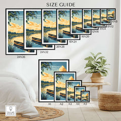A size guide for The Broads National Park Wall Art, featuring various frame sizes displayed in a cozy home setting.