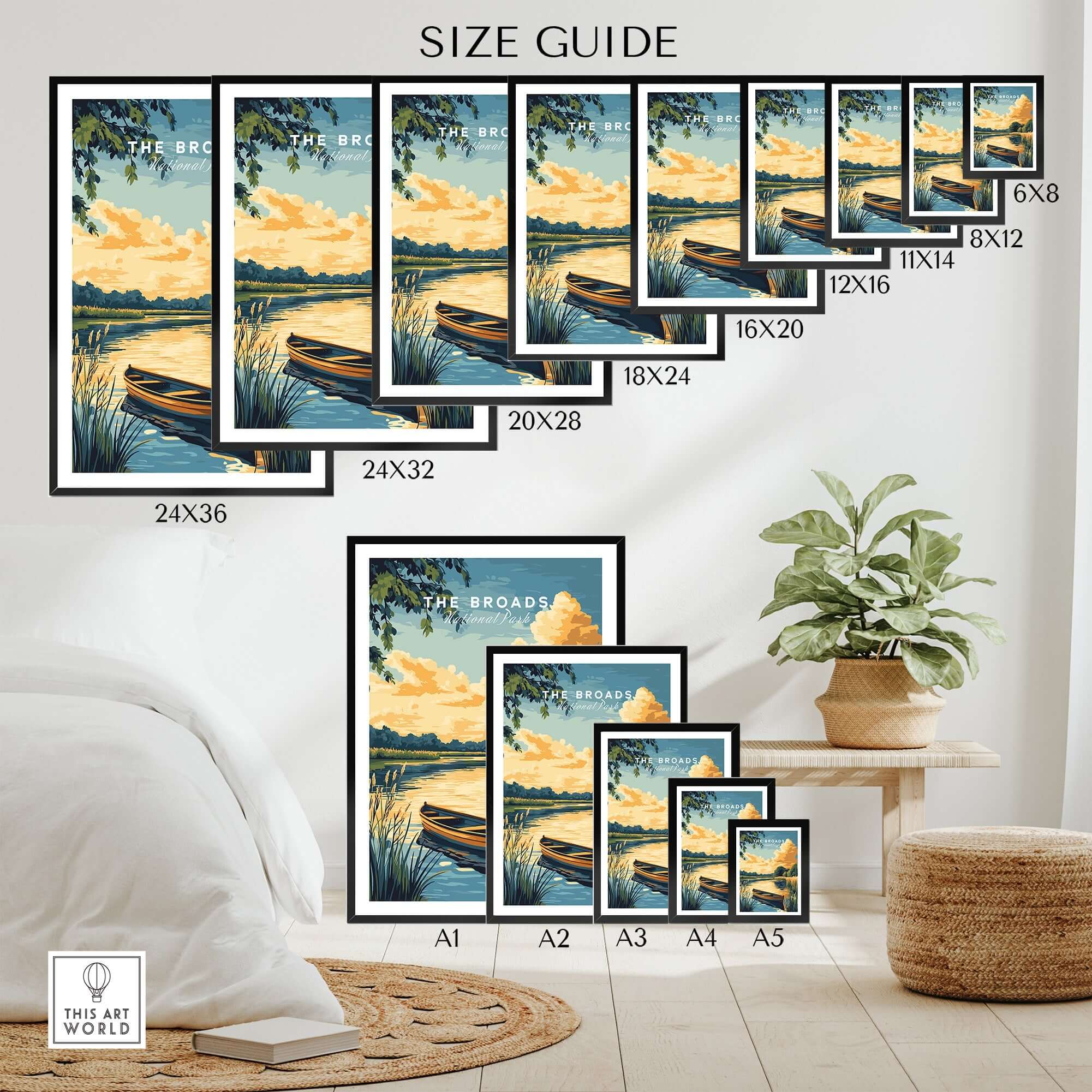 A size guide for The Broads National Park Wall Art, featuring various frame sizes displayed in a cozy home setting.