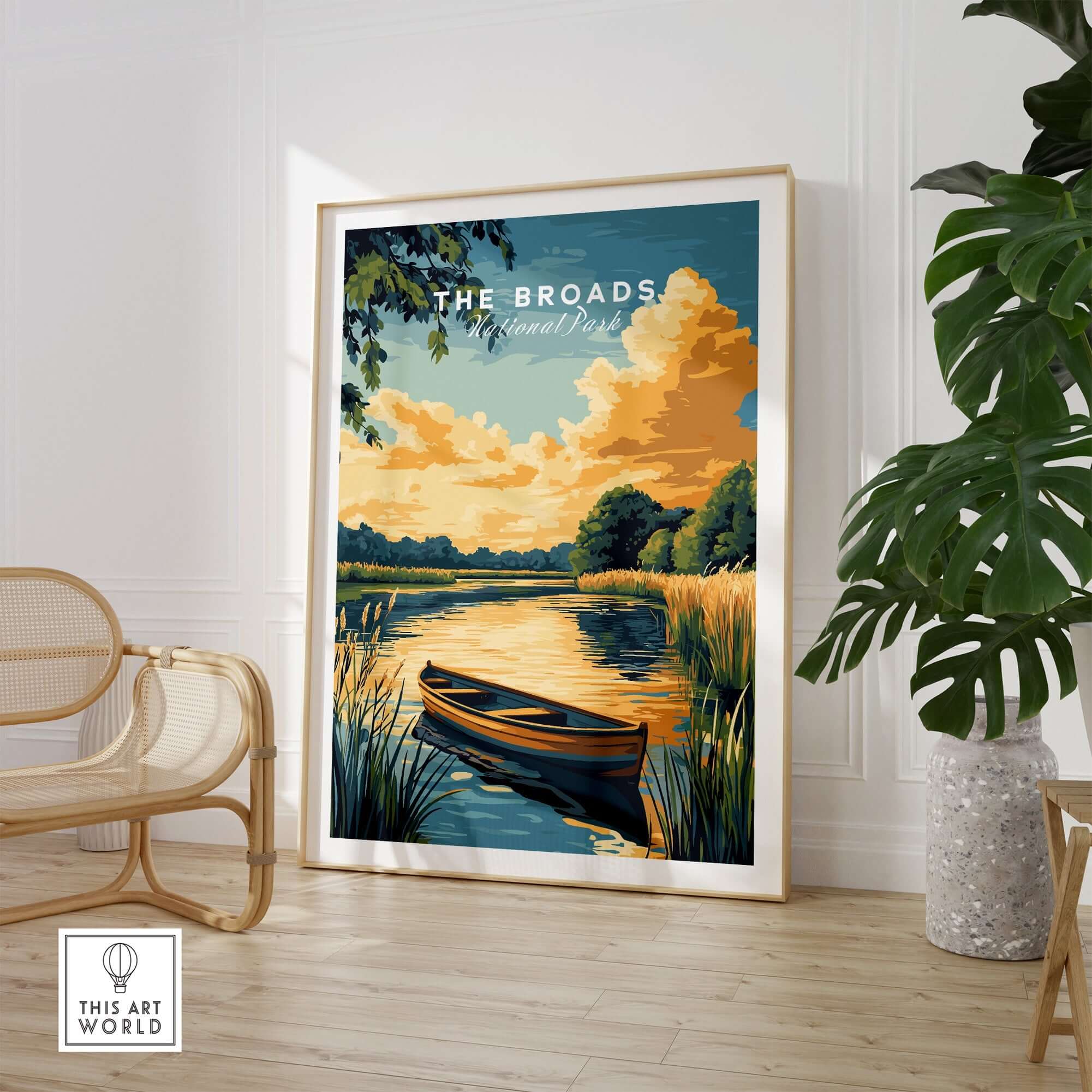 The Broads National Park Wall Art showcasing tranquil waterways and a boat in a serene landscape.