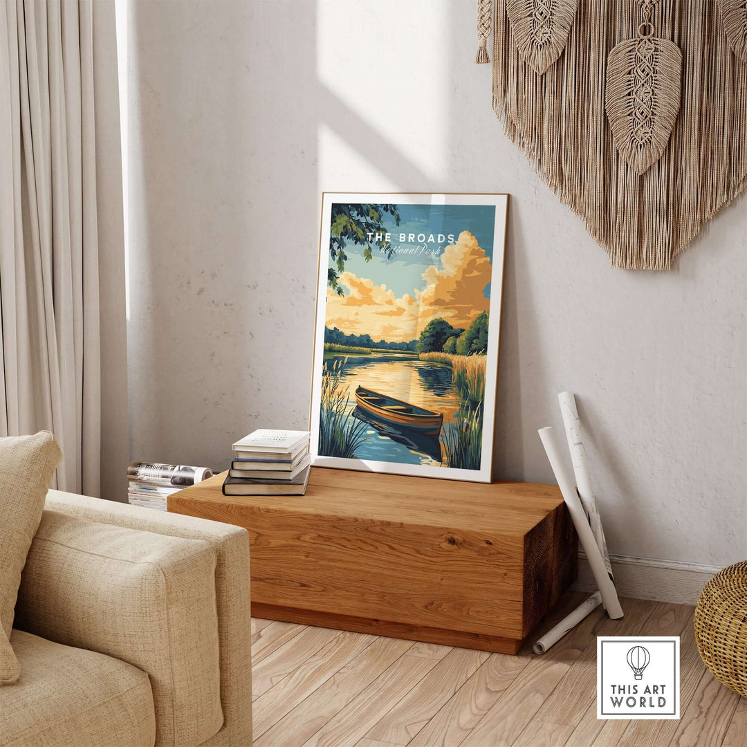 Broads National Park wall art featuring tranquil waterways and lush landscapes in a cozy living room setting.