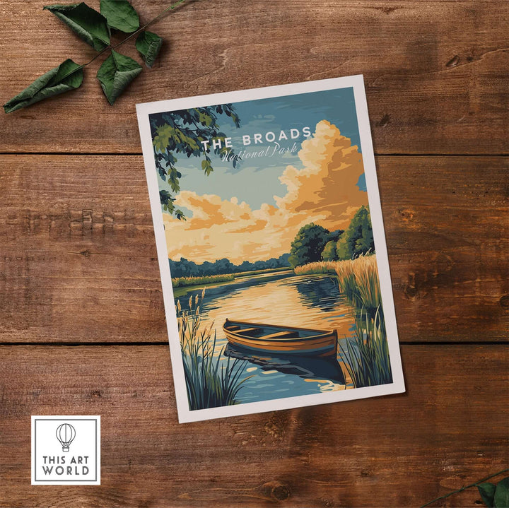 The Broads National Park wall art featuring a tranquil boat scene and vibrant landscape on wood background.