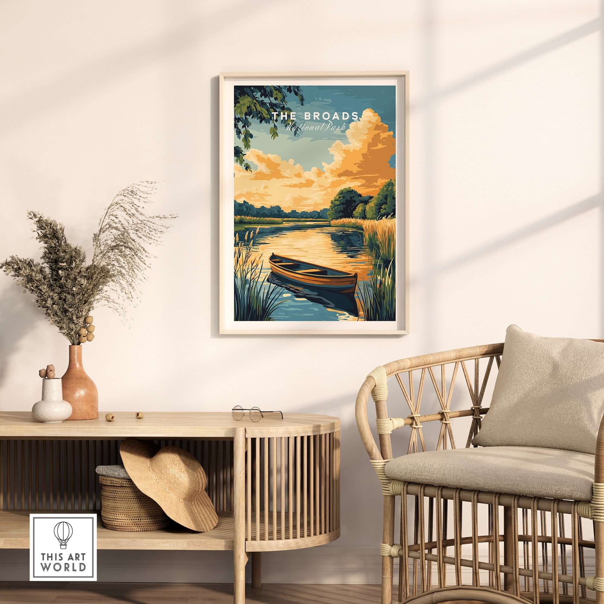 The Broads National Park Wall Art featuring a serene landscape with a boat and tranquil waterways.