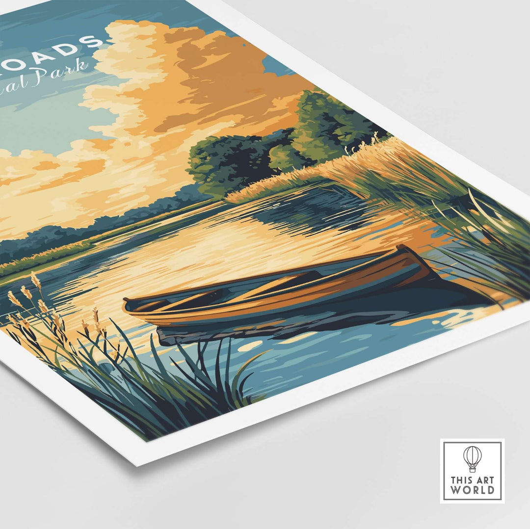 The Broads National Park wall art featuring a tranquil boat on serene waters with lush greenery and vibrant clouds.