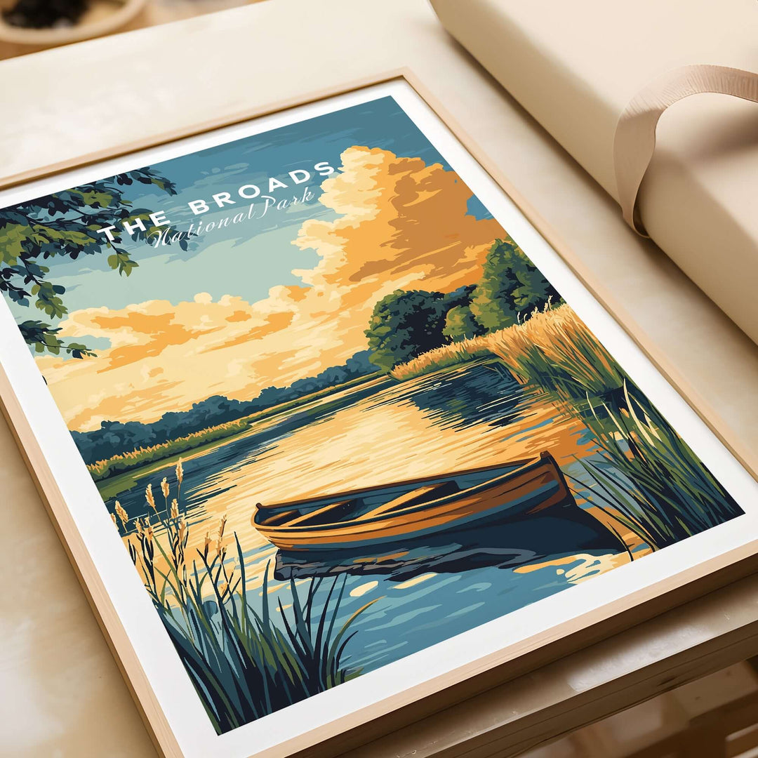 Broads National Park wall art featuring a serene landscape with a boat on tranquil waters and vibrant skies.