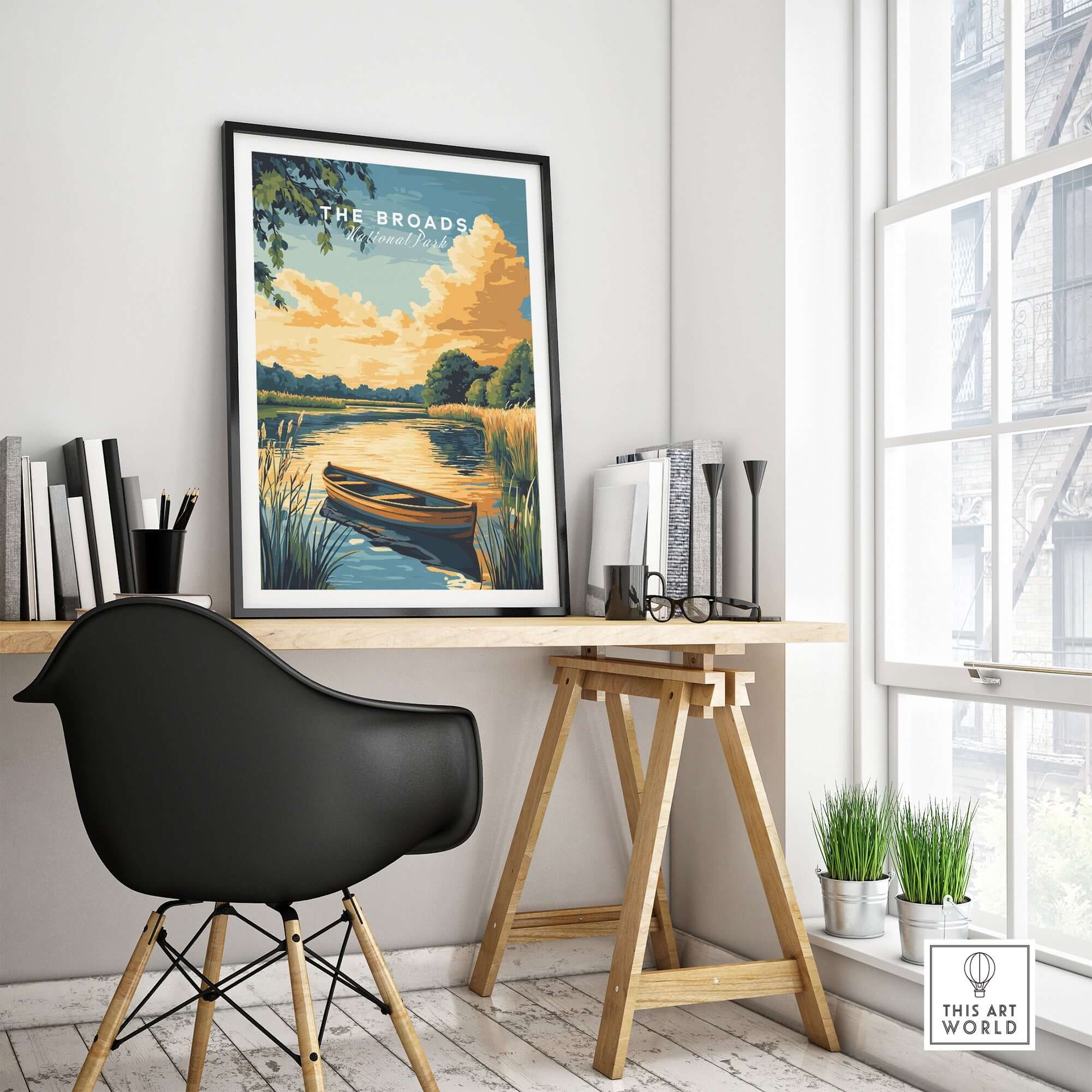 The Broads National Park Wall Art in a modern interior setting, featuring serene waterways and a boat.