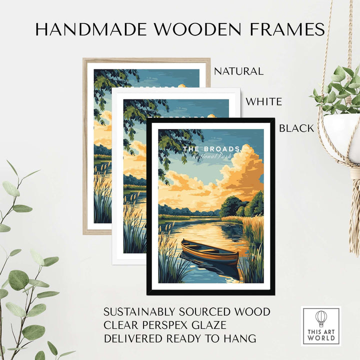 Handmade wooden frames for The Broads National Park wall art in natural, white, and black finishes, ready to hang.