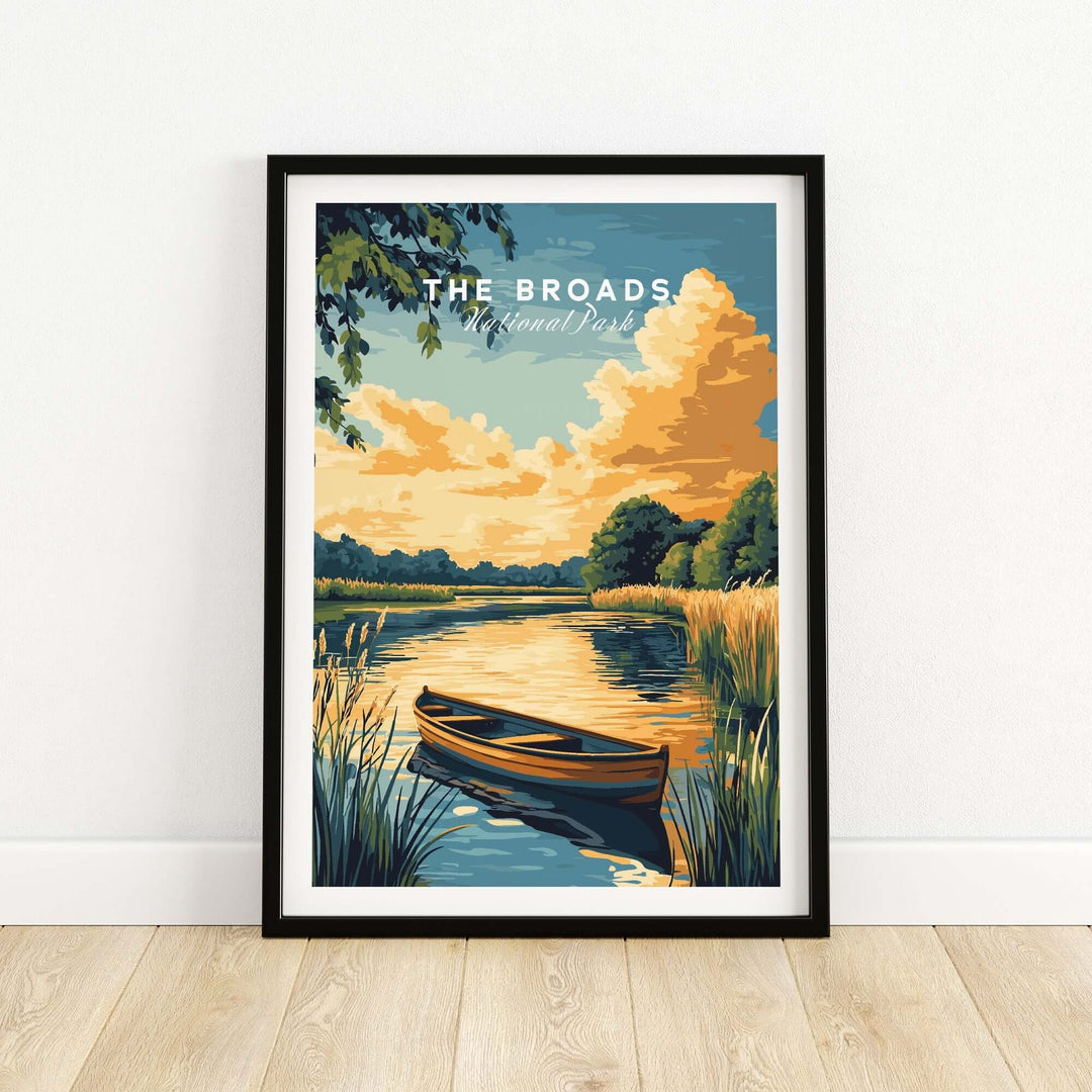 Broads National Park wall art featuring a serene landscape with a boat on tranquil waterways at sunset.