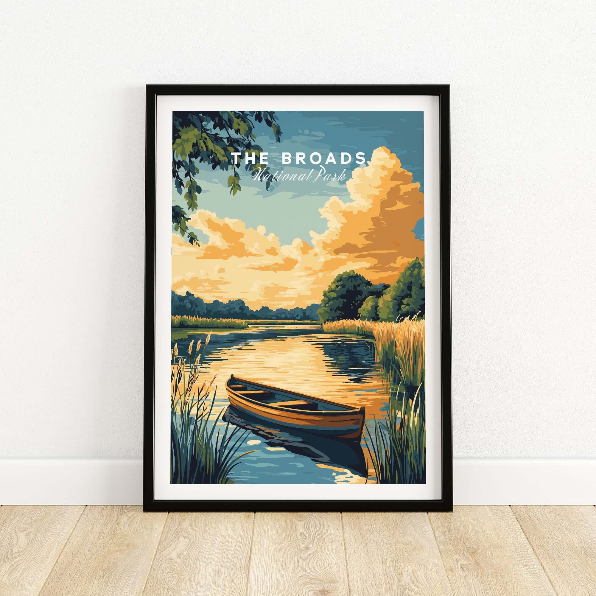 The Broads National Park Wall Art featuring a serene landscape with a boat on tranquil waters.