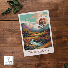 Vibrant art print of the Highlands in Scotland, featuring colorful landscapes and serene rivers, perfect for home decor.