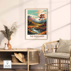 The Highlands art print showcasing vibrant landscapes and serene streams, perfect for home or office decor.