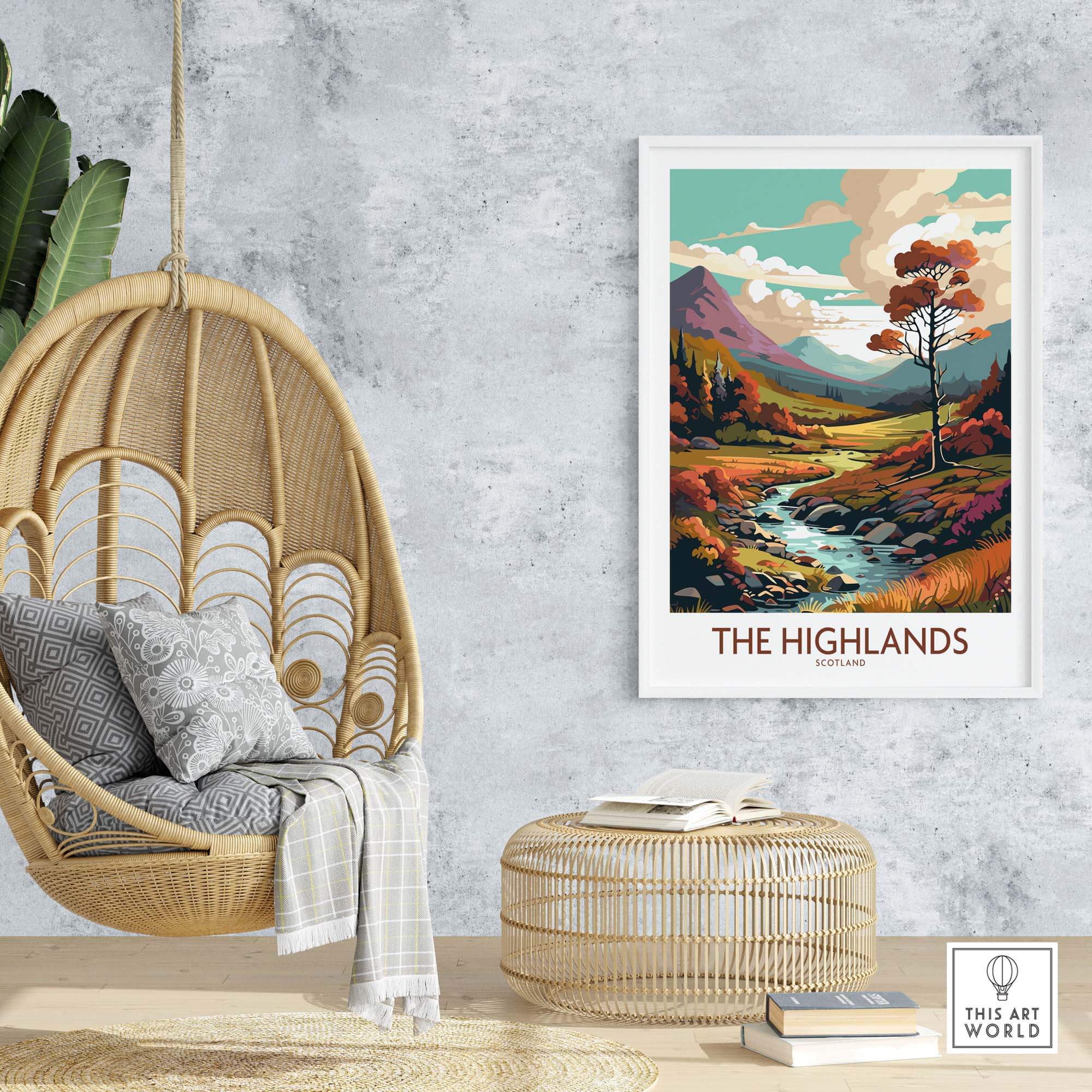 The Highlands Scotland art print showcasing vibrant colors and intricate details in a cozy home setting.