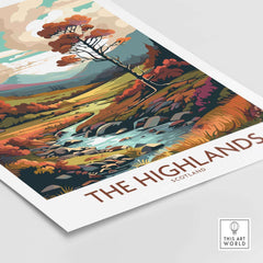 Vibrant art print of the Highlands in Scotland showcasing scenic landscapes and detailed nature elements.