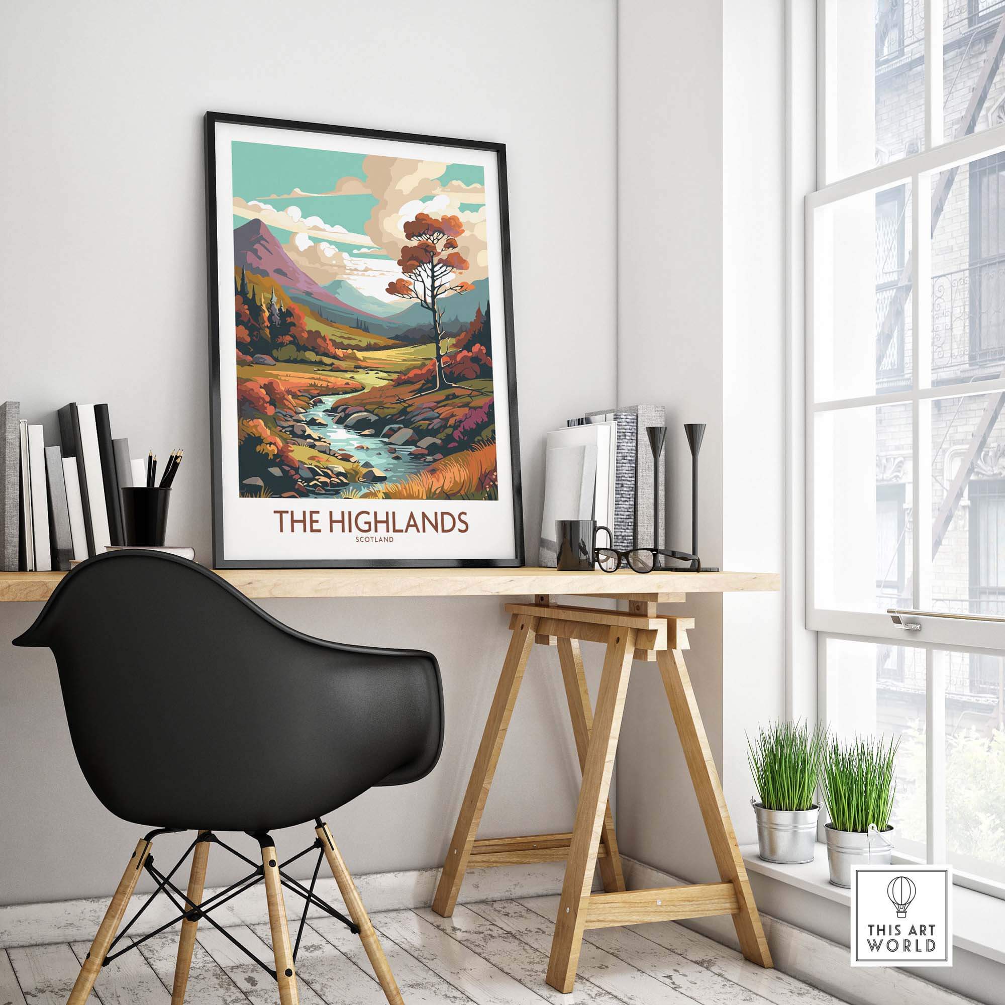 The Highlands Scotland Art Print displayed in a stylish home office setting with modern decor.