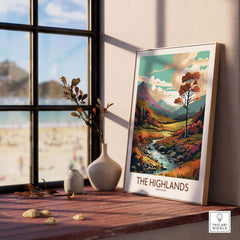 The Highlands Scotland art print displayed in a modern interior, showcasing vibrant colors and scenic landscape details.