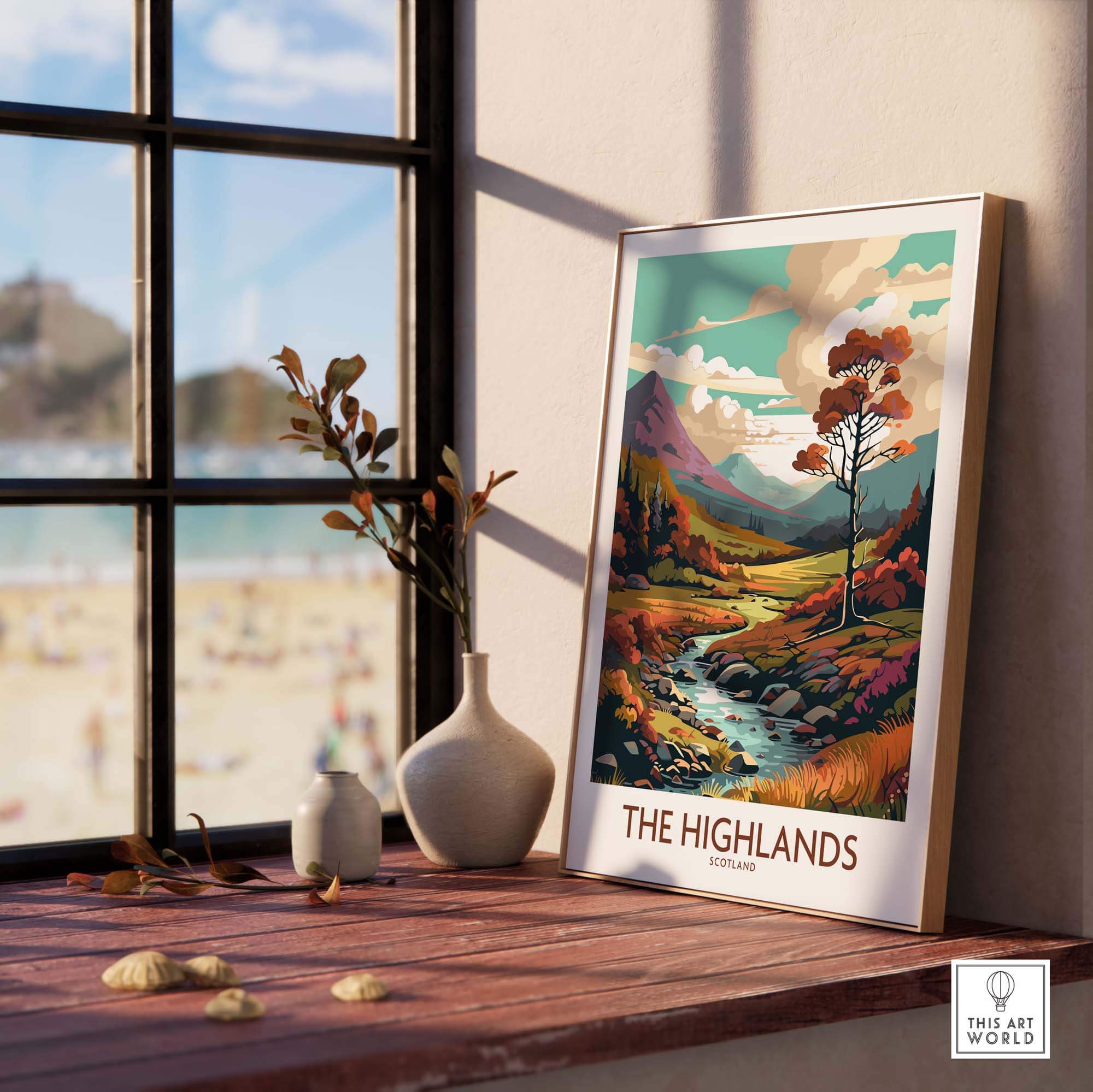 The Highlands Scotland art print displayed in a modern interior, showcasing vibrant colors and scenic landscape details.