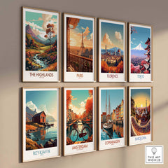 A collection of vibrant travel art prints including The Highlands, Paris, Florence, and more, showcasing stunning landscapes.