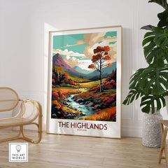 Vibrant Highlands Scotland art print featuring a scenic landscape with a winding river and tree, perfect for home decor.