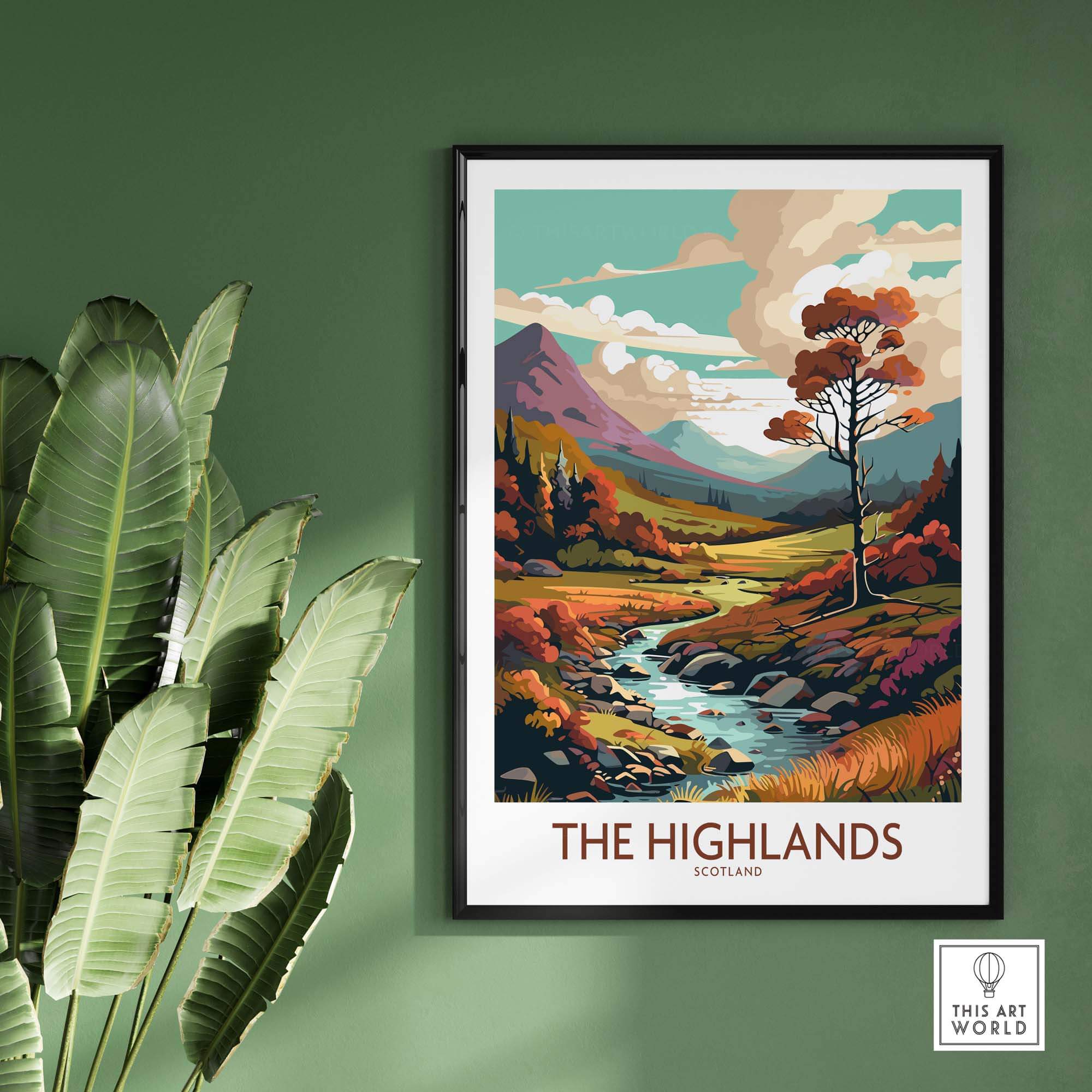 Vibrant Highlands of Scotland art print featuring a scenic landscape, enhancing modern decor.