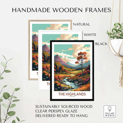 Handmade wooden frames in natural, white, and black for The Highlands Scotland art print, sustainably sourced and ready to hang.