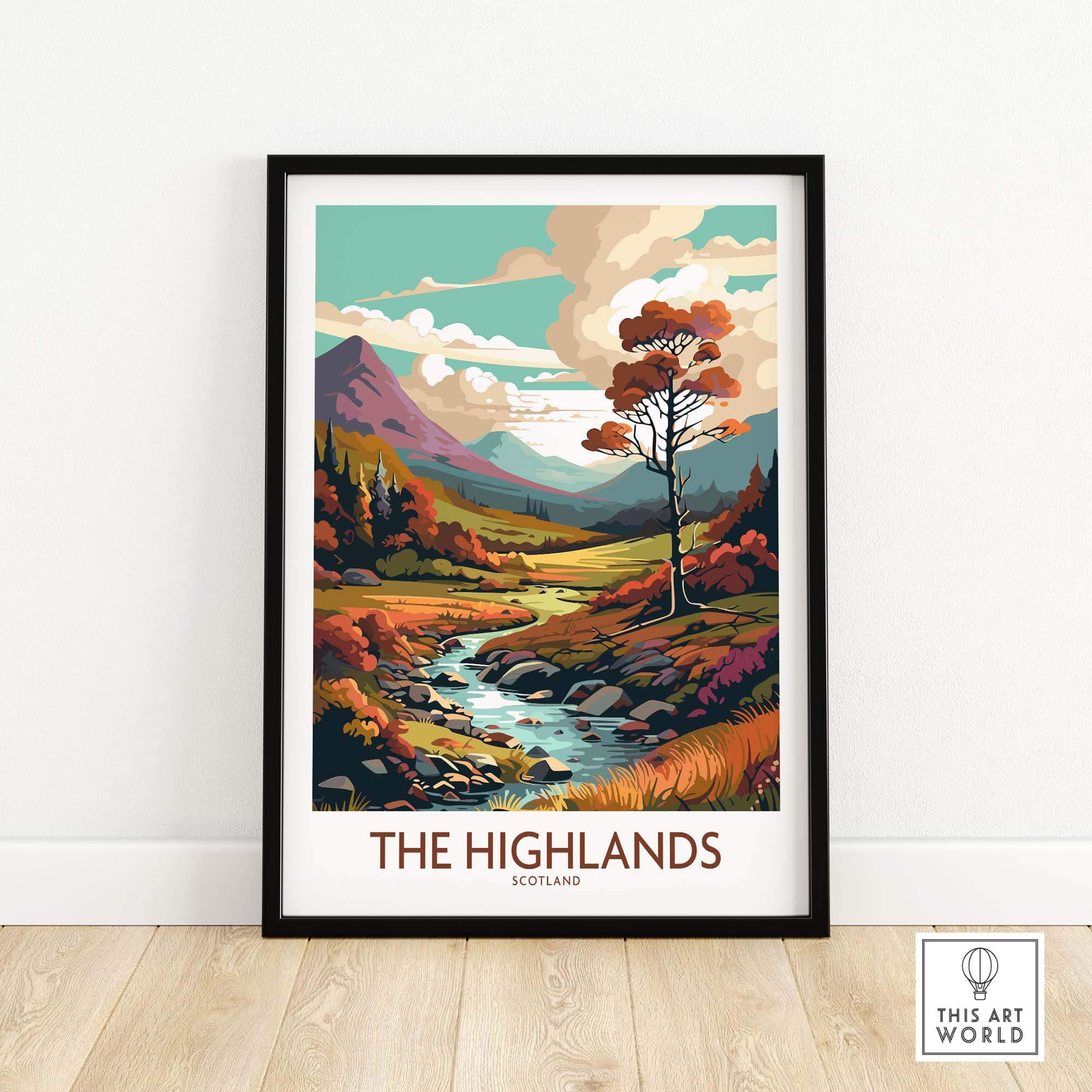 The Highlands Scotland art print showcasing vibrant landscapes and intricate details in modern style.