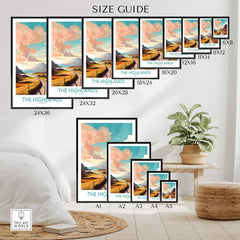 Size guide for The Highlands Scotland wall art prints showcasing various dimensions and vibrant landscape design.
