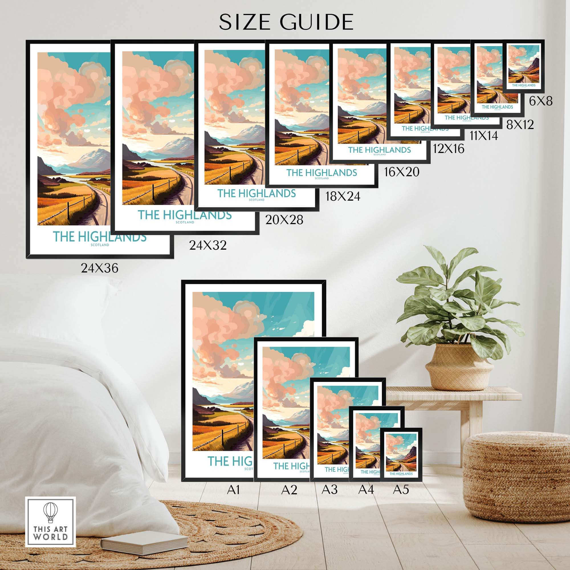 Size guide for The Highlands Scotland wall art prints showcasing various dimensions and vibrant landscape design.