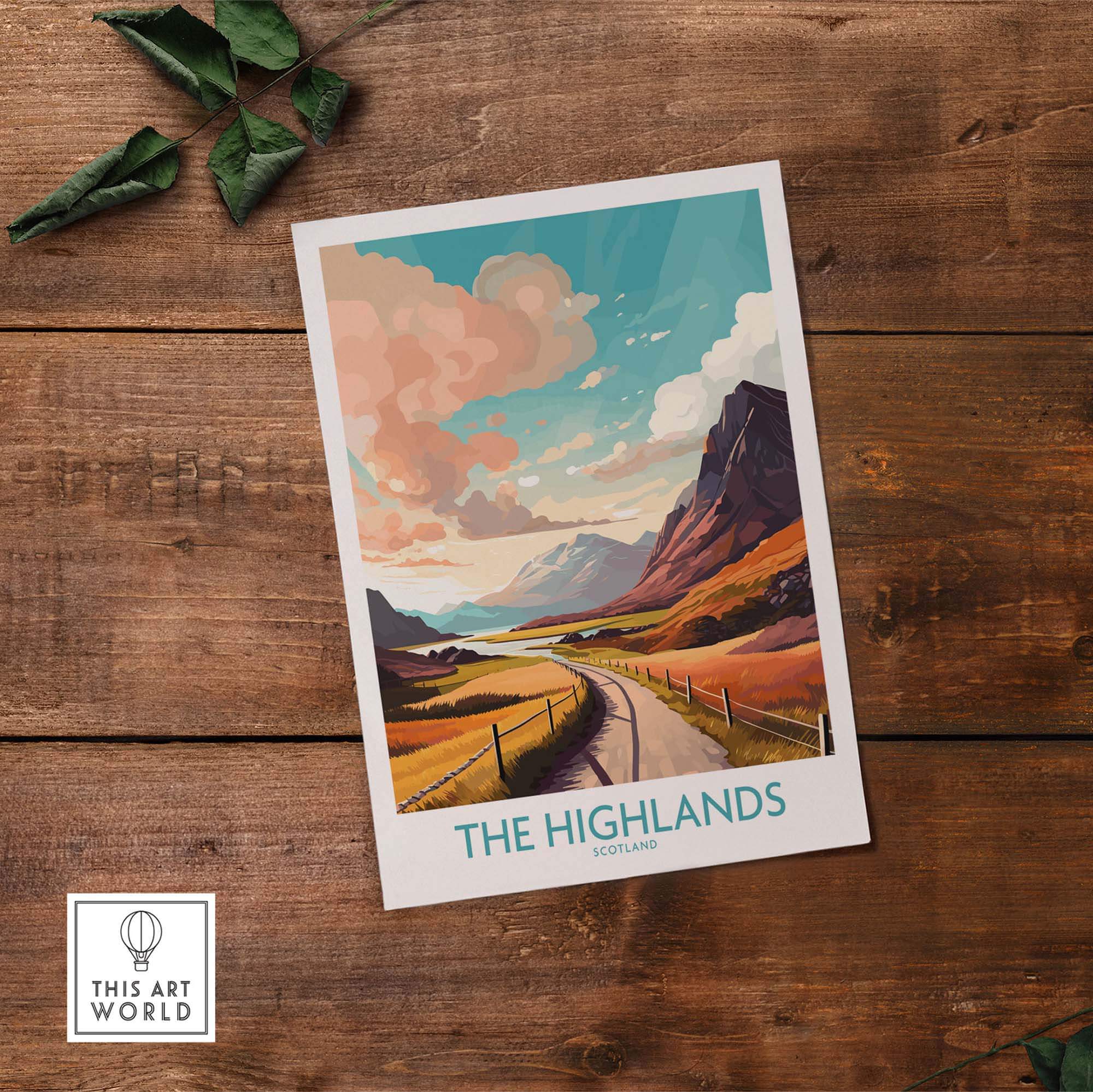 The Highlands Scotland wall art print featuring a vibrant landscape with mountains and a scenic road.