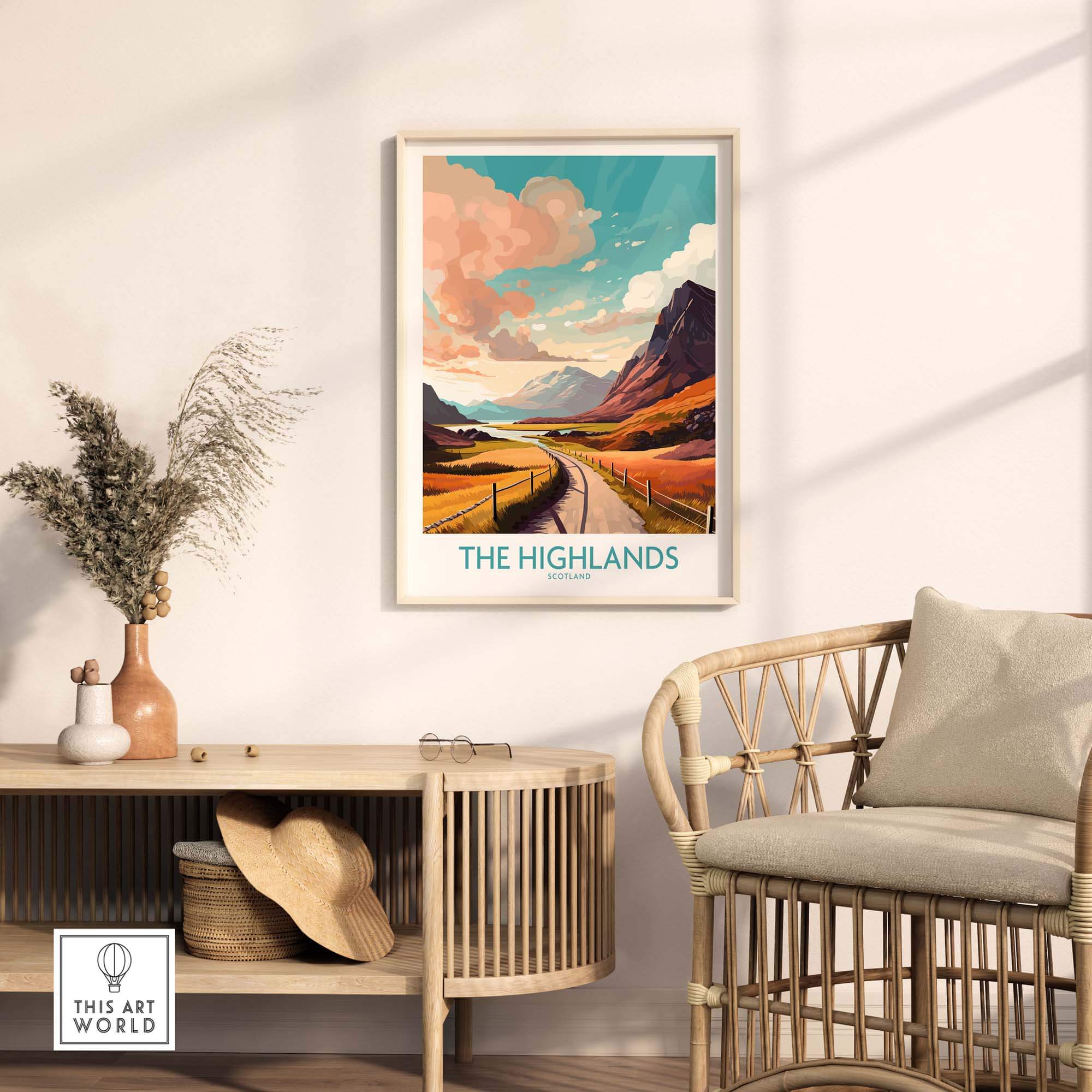 The Highlands Scotland wall art print showcasing vibrant colors and serene landscapes in a modern home decor setting.