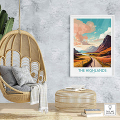 Beautiful wall art of the Highlands in Scotland, featuring vibrant colors and stunning landscapes, perfect for home decor.