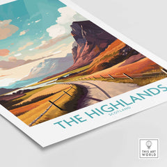 The Highlands Scotland Wall Art featuring vibrant colors and scenic landscapes for home or office decor.