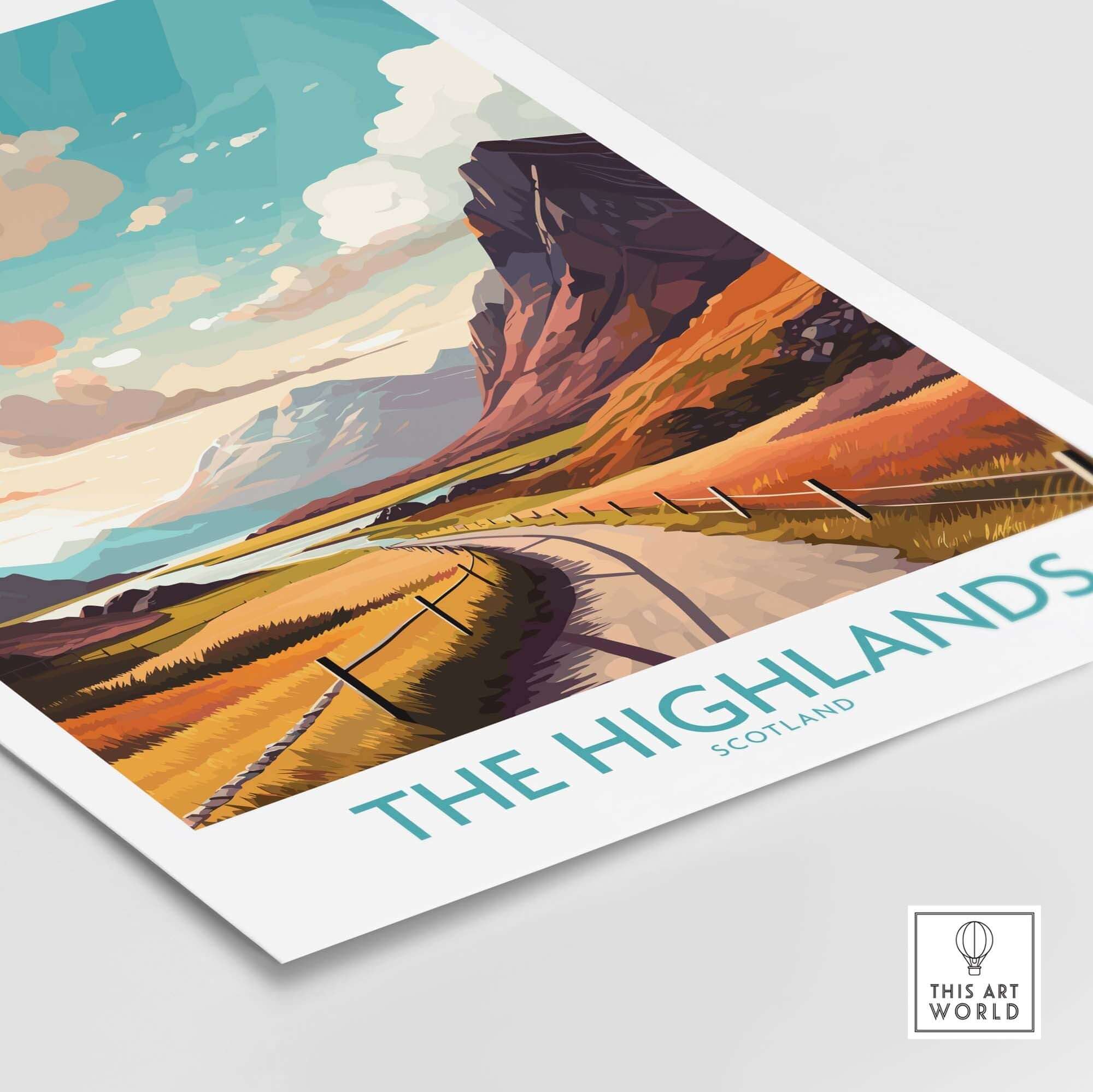The Highlands Scotland Wall Art featuring vibrant colors and scenic landscapes for home or office decor.