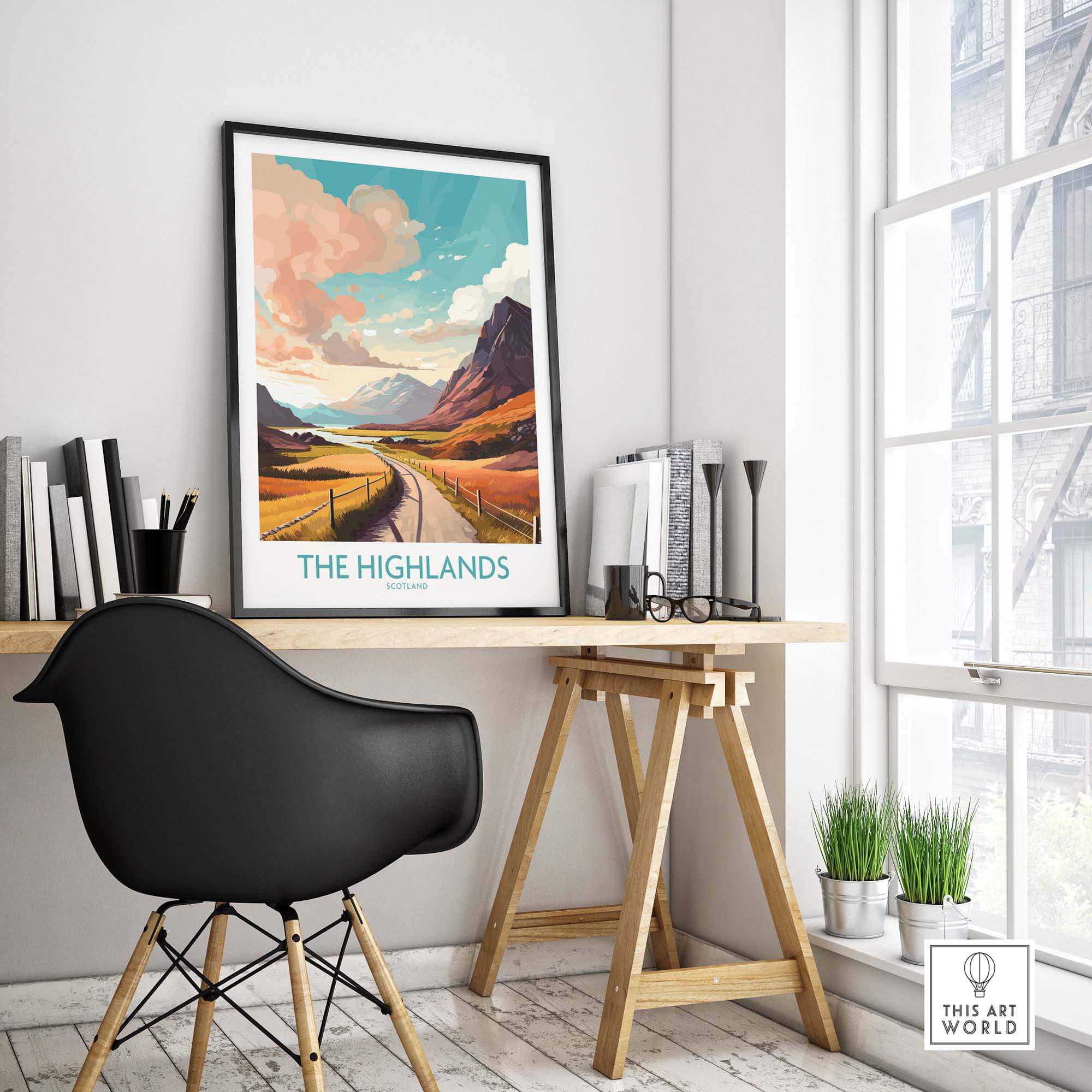 Modern wall art of the Scottish Highlands displayed in a stylish home office setting with vibrant colors.