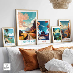 Collection of framed wall art prints including The Highlands, showcasing vibrant landscapes from various locations.
