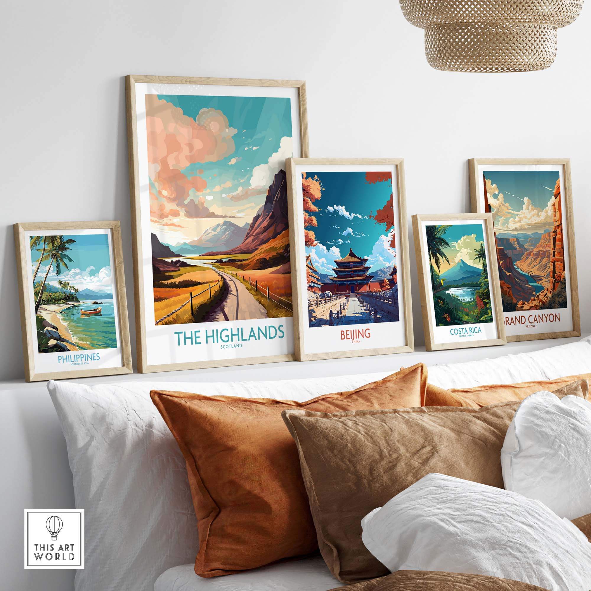 Collection of framed wall art prints including The Highlands, showcasing vibrant landscapes from various locations.