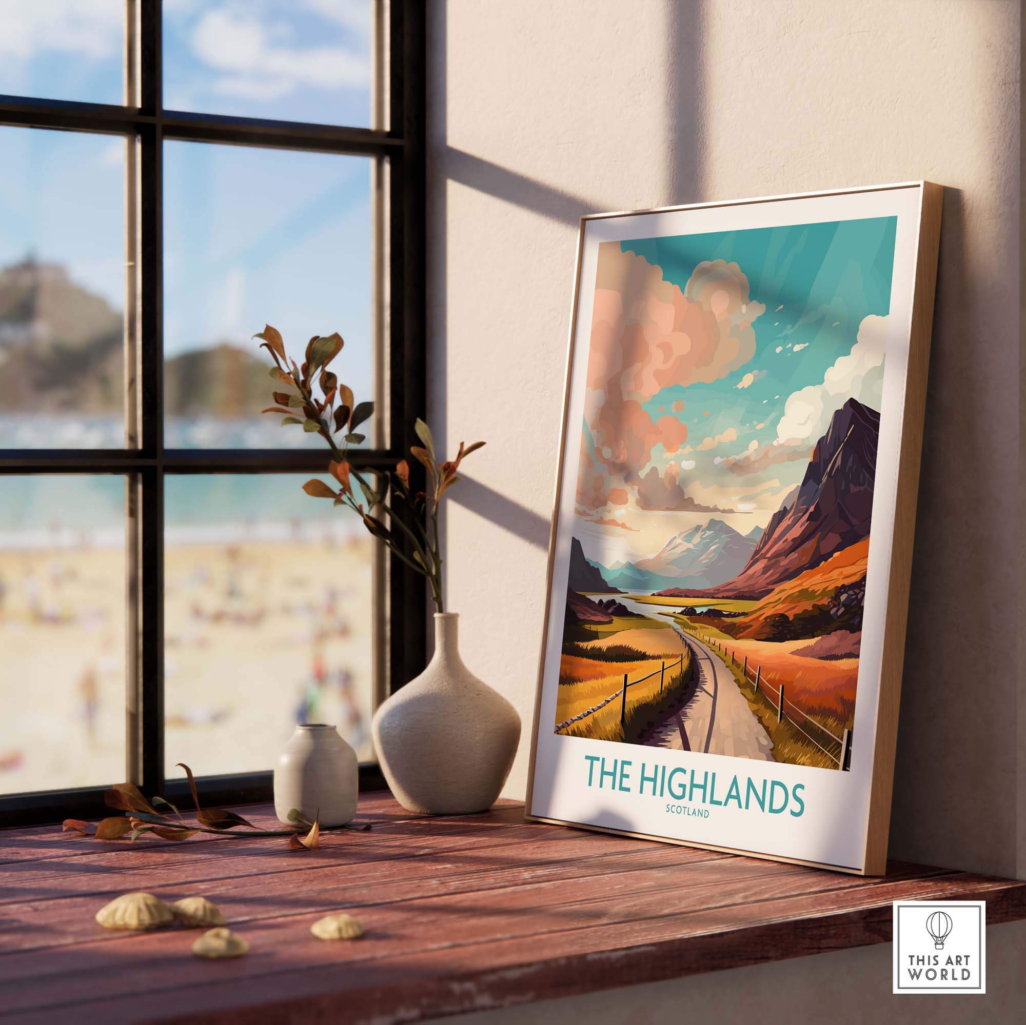 Framed wall art of the Highlands in Scotland, featuring vibrant colors and scenic landscapes.