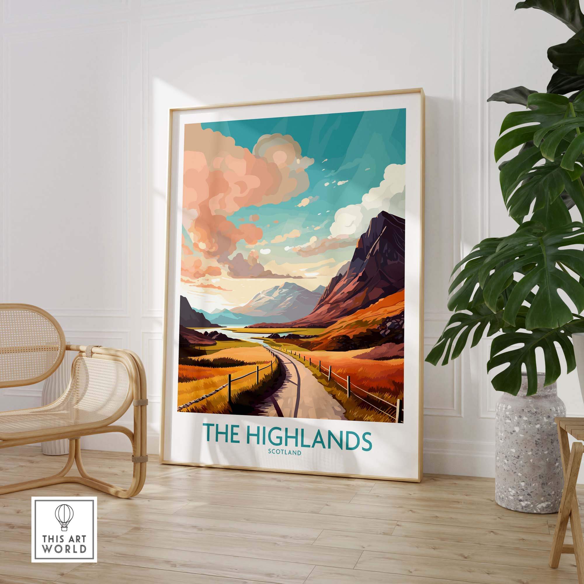 Beautiful wall art print of Scotland's Highlands featuring vibrant colors and stunning landscape details.