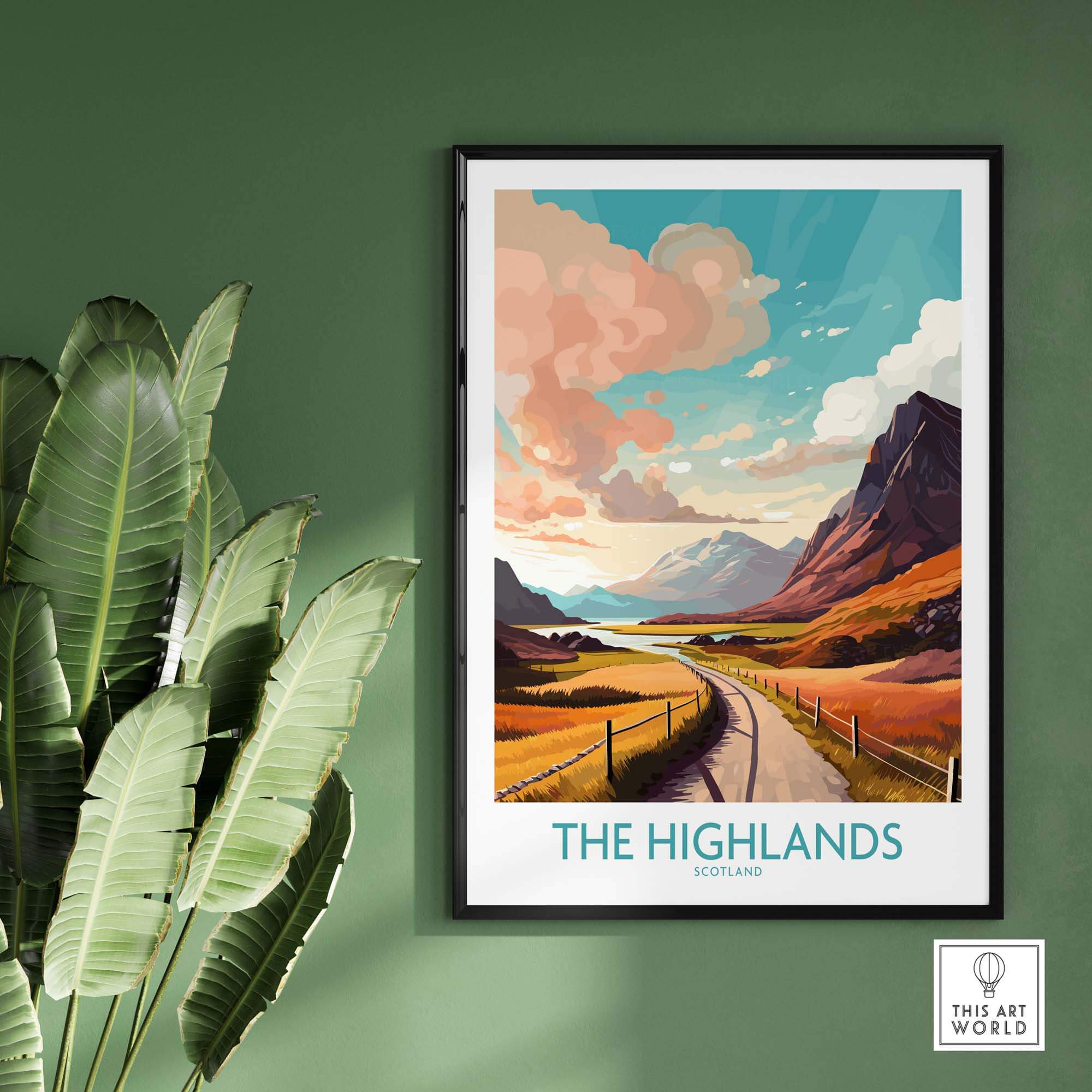 The Highlands Scotland wall art featuring vibrant landscapes and mountains, perfect for home or office decor.