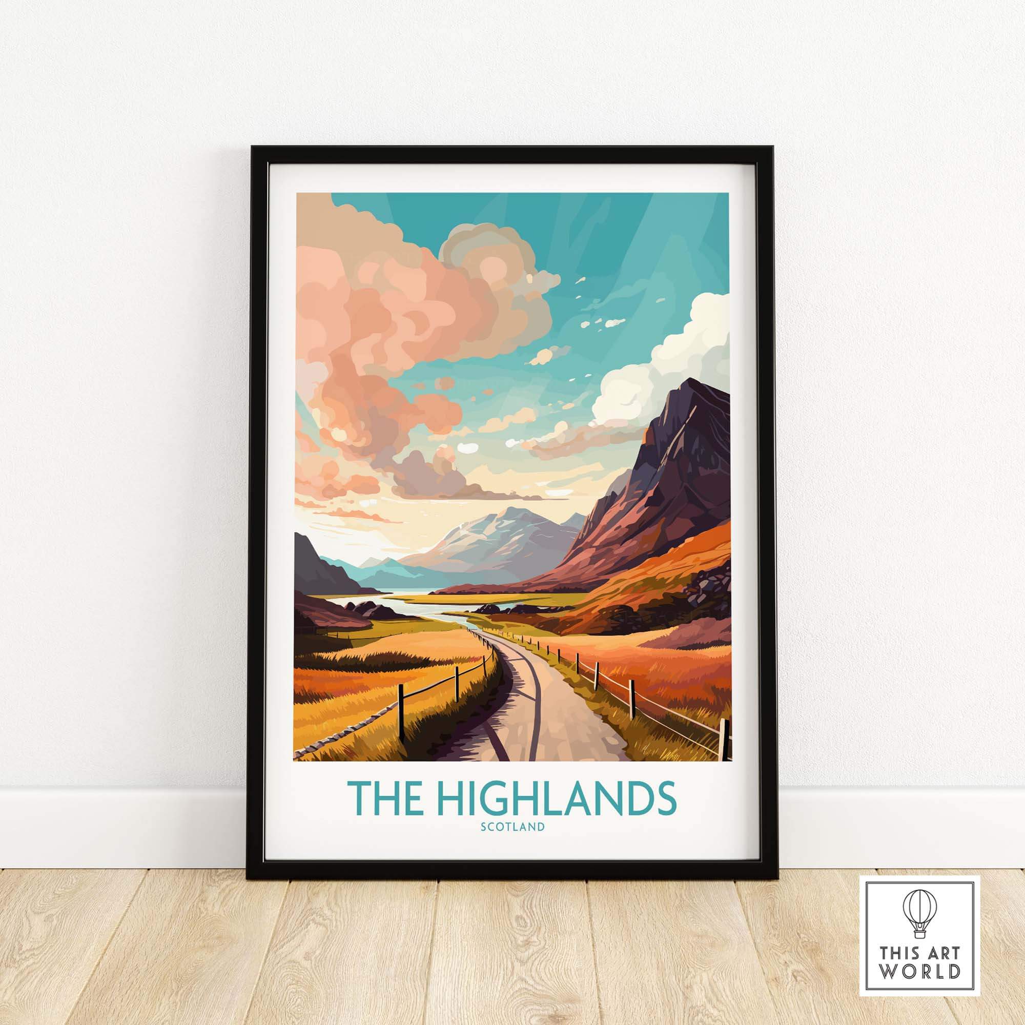 The Highlands Scotland wall art print featuring vibrant landscapes and dramatic skies in rich colors.