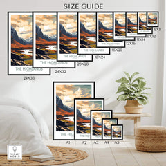 Size guide for The Highlands wall art, showcasing various dimensions and vibrant landscape design.