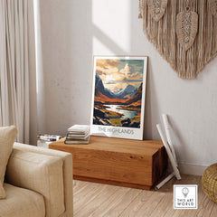 The Highlands wall art display showcasing vibrant colors inspired by Scotland's stunning landscapes in a modern living room.