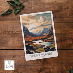 Highlands wall art print featuring Scotland's stunning landscape in modern style, colorful and eye-catching decor.