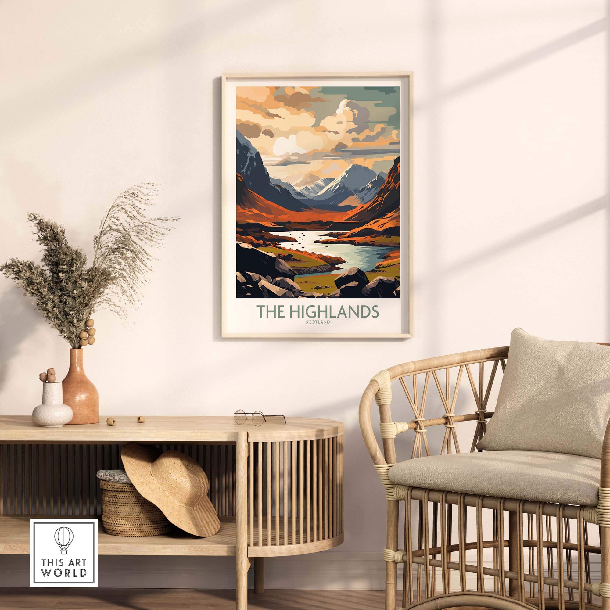 The Highlands wall art capturing the beauty of Scotland with modern style, displayed in a chic home setting.